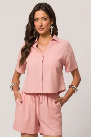 Camisa Curta em Tela Linen com Caimento Reto